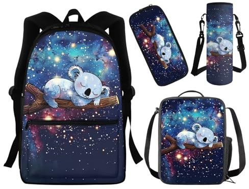 Epaihaiy Galaxy Koala Mädchen-Rucksack für die Schule, 4-in-1, Kinder-Schultaschen-Set, niedlicher Rucksack mit Lunchbox für Mädchen, 8–10, Elementar-Federmäppchen, Wasserflaschenhülle, Schulanfang,