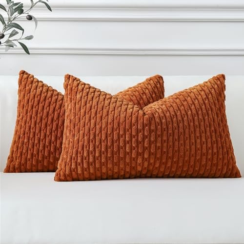 Sungeek Set of 2 Rust Soft Corduroy Decorative Cushion Covers Boho Striped Throw Pillow Covers for Sofa Couch Living Room Patio Farmhouse Home Decor Pillowcases 30x50cm