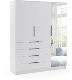 BM-Möbel Kleiderschrank mit Drehtüren, Schubladen und Spiegel - mit Einlegeböden und Kleiderstange - für Schlafzimmer - Weiß - 150 x 61 x 215 cm (B/T/H)