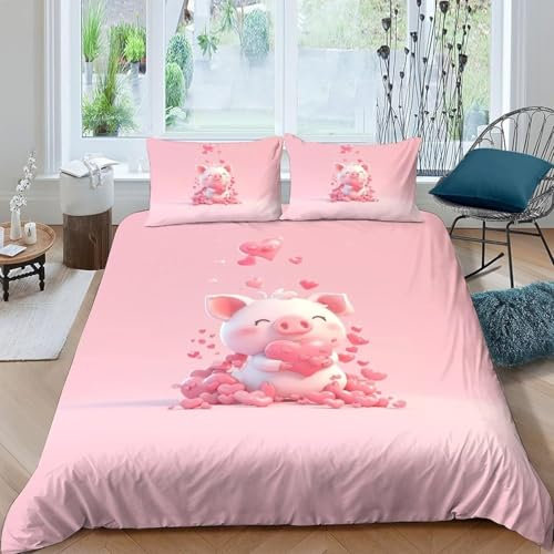EXSANLIEAY Schweinchen Bettwäsche 135x200 - Rosa Wendebettwäsche, Weiche & Atmungsaktiv Microfaser Bettbezug + 2 Kissenbezug 80x80, Angenehme bettwäsche-Sets, 3 Teiligmit Reißverschluss