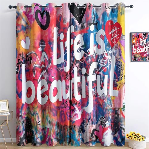 Generisch Graffiti Kunst Gardinen Verdunkelungsvorhang H214 x B183 cm, Graffiti Street Art Text Lichtundurchlässige Vorhang mit Ösen für Schlafzimmer Geräuschreduzierung Vorhang
