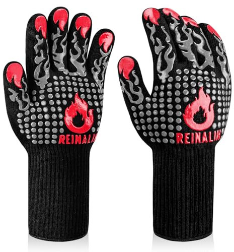 Reinalin Gants de Barbecue, Gants de Four Résistant à la Chaleur jusqu'à 800 ° C Gants de Gril de Cuisson en Silicone antidérapants pour la Cuisson, Le soudage (S/M, Gris)