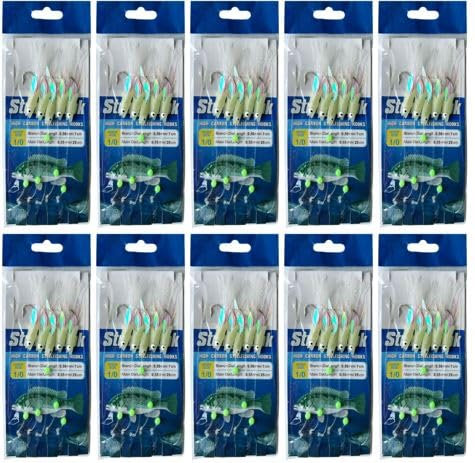 KT Tackle 10 Pack Sea Fishing Sabiki Rig Traces With Glow in the Dark 1/0 Hooks for Mackerel, Cod, Pollock - Boat Feathers