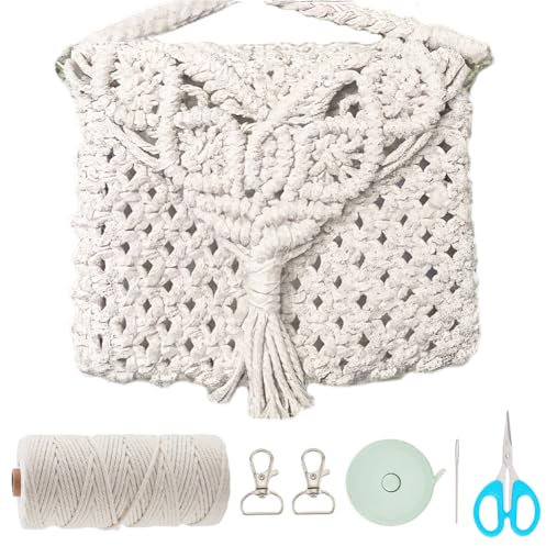 WEBEEDY DIY Makramee Taschen Set Boho Makramee Schultertaschen Set Häkel Taschen Set Mit Anleitung Für Erwachsene Anfänger Handgemachtes Makramee Taschen Set Für Frauen Urlaubs Stranddekor (Beige)