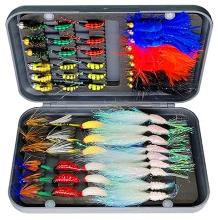 Qitewwrme Set di mosche per pesca a mosca assortiti mosche per pesca alla trota,24/40/54/72/100Pezzi/Casella Fatto a mano Esche artificiali Lure mosche secche/umide (54 Pezzi/Kit (10 stili misti))