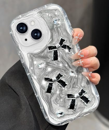 Toycamp for iPhone 13 Mini Case Cute - Women Girly Girls Glitter Phone Cover 13Mini Kawaii Sparkle Bling Shine Aesthetic Pretty Unique Wave Design Funda for Apple 13 Mini, Black Bowtie
