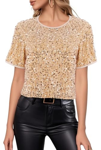 Segreto Damen Glitzer Pailletten Tops Short Sleeved Rundhals Locker Oberteil Glänzende Party Bluse T-Shirts Festliches Outfit, Gold Mesh Pailletten/M