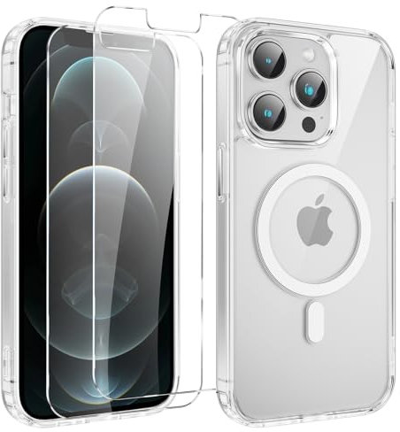 Yoedge Magnética Funda para iPhone 12 Pro Max 6.7con 2 Piezas Cristal Templado Protector Pantalla,Transparente Carcasa Compatible con MagSafe,Antigolpes TPU Silicona Case para Apple iPhone 12 Pro Max
