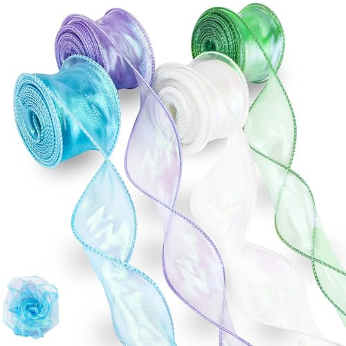 qingmeng 4 Stück Satinband, 40mm x 9M Organzaband Schimmernd Weiss Blau Grün Lila Geschenkband Breit, Schleifenband Chiffonband Seidenband Hochzeit Ribbon Bänder zum Basteln für Geschenkverpackung