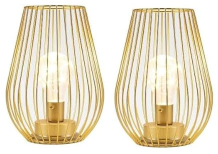 TRIROCKS Metal Cordless Table Lamp 20cm Tall Set of 2 Cage Shape Battery Operated Lamp with Fairy Lights Bulb for Indoor/Outdoor Use Perfect for Christmas Garden and Weddings (Gold)