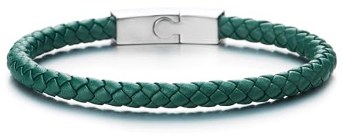 COOLSTEELANDBEYOND Unisex Dünn Grün Leder Armband für Herren Damen Geflochtenes Leder Armreif Schweißband mit Edelstahl Magnetverschluss