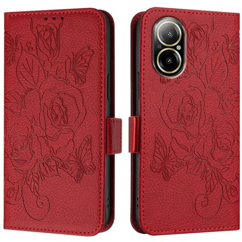 Étui à Rabat pour Smartphone Compatible avec la Coque Oppo Realme C67 4G, étui Portefeuille Fin en Cuir PU à Rabat, étui de Protection Antichoc avec Porte-Cartes + dragonne(Rosso)