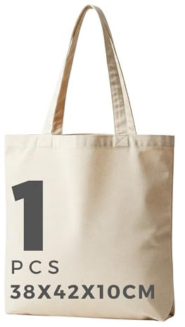 POLHIM Baumwolltasche Natur 145g/m² Unbedruckt 38x42x10 cm mit langen Henkeln | Jutebeutel Stoffbeutel zum Bemalen & Gestalten | Stabile Stofftaschen für Einkauf & Alltag (1)