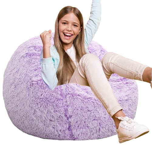 Fluffy Bean Bag Chair for Kids, 2.5FT Round Foam Filled Bean Bag for Teens & Kids, Ultra Soft Faux Fur Fabric Bean Bag Chairs for Playroom, Living Room, Bedroom, Lavender