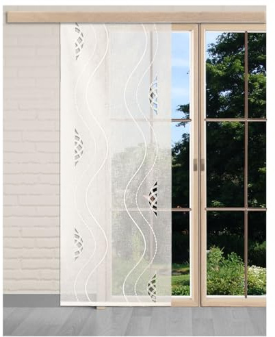 Flächengardine Eliana Vogtländische Spitze in ecrú | Schiebepaneele Wellen-Muster in natur | Zeitloser Flächenvorhang halbtransparent | Schiebegardine Käseleinenoptik Höhe x Breite 221 x 75 cm