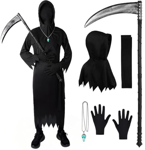 BSBUY Deguisement Halloween Faucheuse Enfant, 6Pcs Costume de Faucheuse avec Gants/Faux de la Mort/Collier de Crâne Lumineux/Ceinture/Capuche, Costume Scream, Costume Fantôme, Ghostface Costume