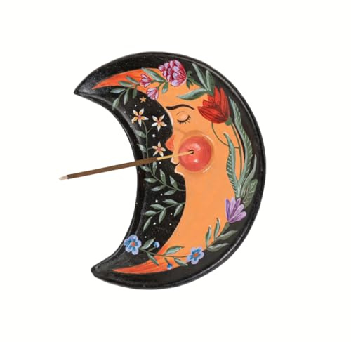 Handbemalter Räucherstäbchenhalter in Halbmondform aus Terrakotta – Dekorativer Incense Holder, Altar- oder Schminktischdekoration, modern & beruhigend – Für Meditation, Yoga & Wohnraum Dekoration