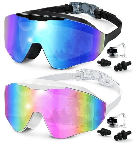 FUSHI&MON 2 Pack Swimming Goggles, No Leak Wide Vision Adult Swim Goggles for Men Women Youth, Anti-Fog & UV Protection, Soft Silicone Comfort Goggles with Case for Indoor & Outdoor Pool