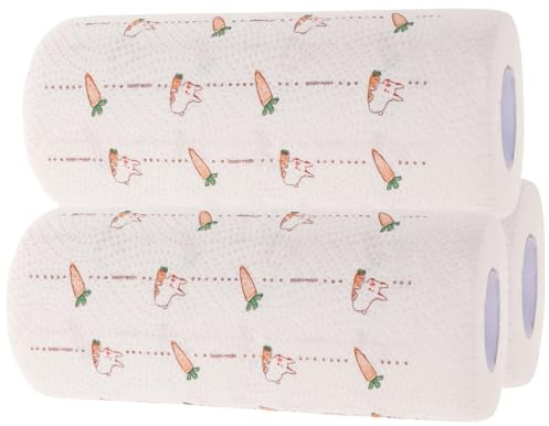 Lurrose 3 Rolls Disposable Oil Absorbing Paper Towels for Kitchen Use, Heavy Duty Cleaning Wipes with Water Lock Cartoon Print, 55 Sheets Per Roll, Food Safe Kitchen Cleaning Cloth