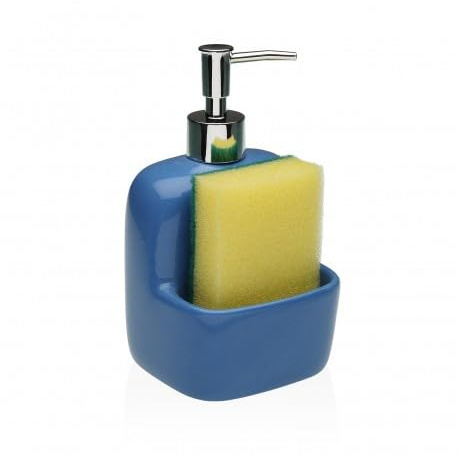 Liquid Soap Dispenser in Polished Ceramic with Sponge Holder Compartment and Chrome Pump - Modern Dispenser for Bathroom and Kitchen, Also Ideal for Dishwashing Detergent (Blue)