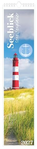 Streifenplaner Seeblick 2027: schmaler Wandkalender 11,3x49,5 cm mit Schulferien, Notizfeld und stimmungsvollen Strand- & Küstenmotiven, ideal für Haushalt, Familie & Büro
