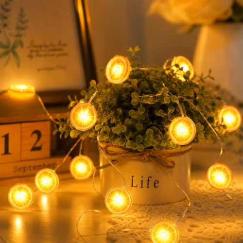 Sunshine smile Lichterkette Zitronen,2M 20LED Zitronenlicht,Limetten Lichterkette,Dekoratives Licht für Terrasse,Batteriebetrieben für Karneval,Halloween,Außen & Innen,Deko Wohnzimmer,Schlafzimmer