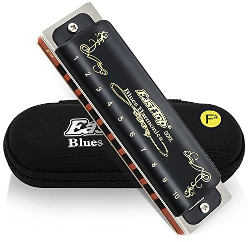 East Top Key of F# Diatonic Blues Harmonica - 10 Holes, 20 Tones, 008K Model With Black Case - Top Grade for Adults, Professional Players and Students