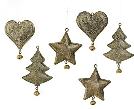 TEMPELWELT Deko Anhänger Herz Baum Stern mit Glöckchen im 6er Set je 10 cm, Metall Gold antik Glitzer, Dekoanhänger Weihnachtsdeko Fensterschmuck Metalldeko zum Hängen