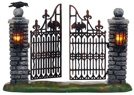 Department 56 Village Accessories Halloween Spooky Wrought Iron Gate Miniature Lit Figurine, 4.53 Inch, Multicolor
