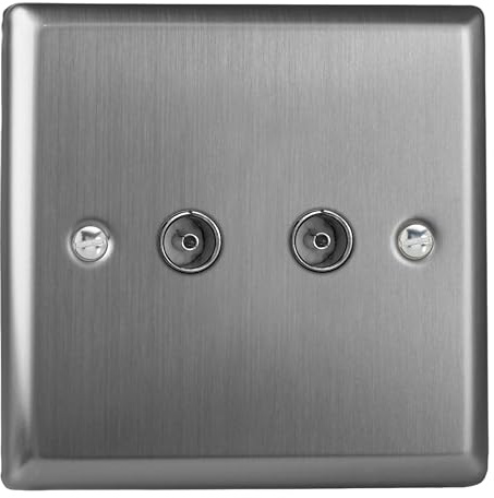 Varilight Double TV Socket Co-Axial - Classic Brushed Steel with Plain Insert, XT88