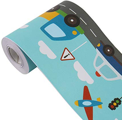 3D Wall Paper Border Self Stick Wall Covering PVC Floor Borders for Kitchen Bathroom Bedroom Wall Decor Paper, 3.94 Inch by 32.8 Feet (Blue Green Car)