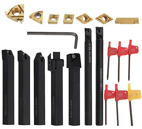 21PCS Tornio Turning Tool 45 HRC Multifunzione Tornitura in Metallo Duro Inserti Titolari Bar Alesatore con Chiavi per Tornio Utensili Supporto Dell'Utensile con Inserti in Carburo (12 MM)