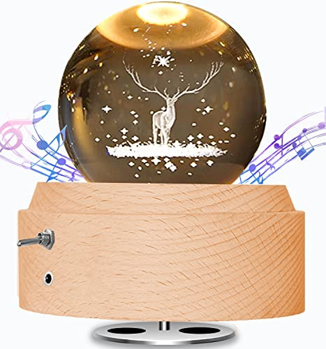 BIAOQINBO Kristallkugel Spieluhr, 360° Rotierende Hölzerne Spieluhr mit Licht, Beleuchtete Projektionsfunktion, Geschenk für Weihnachten, Erntedankfest Geburtstag Valentinstag Muttertag (Elchhirsch)