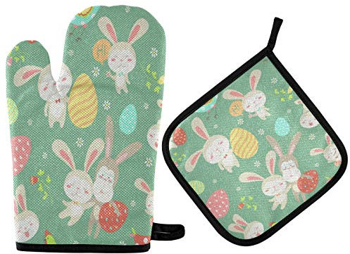 Mnsruu HAPPY OSTERN HASE BLUME EI Vintage Ofen-Handschuh und Topflappen Set Hitzebeständig Küchenhandschuh zum Kochen, Backen, Grillen, Grillen
