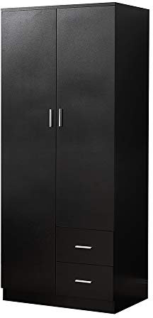 Tall Wooden 2 Door Wardrobe With 2 Drawers Bedroom Storage Units With Hanging Bar Clothes (Black)