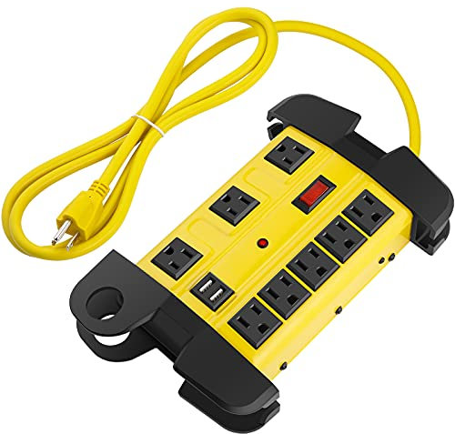 CCCEI Multiprise robuste avec USB, protection contre les surtensions d'atelier 8 prises 2700 joules, multiprise industrielle en métal de 15 A, rallonge de 1,8 m et large espacé, jaune