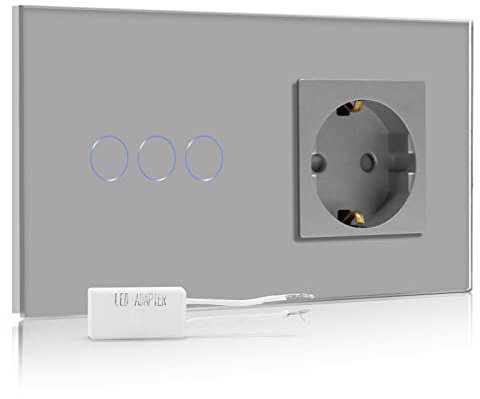 BSEED Interrupteur variateur avec prise de courant avec affichage LED - 1 voie - 1 voie - Touchez le panneau tactile - Prise murale LED - Interrupteur tactile - Gris