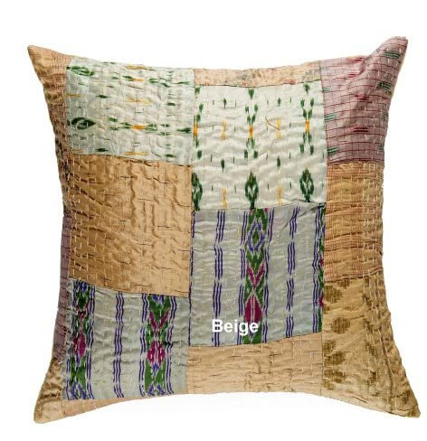 Rajbhoomi Kantha Kissenbezug, Patola Sari, Patchwork, Überwurf, ethnischer Sofabezug, handgefertigt, 40,6 x 40,6 cm, Kissenbezug, dekorativer Kissenbezug, Beige, 2 Stück