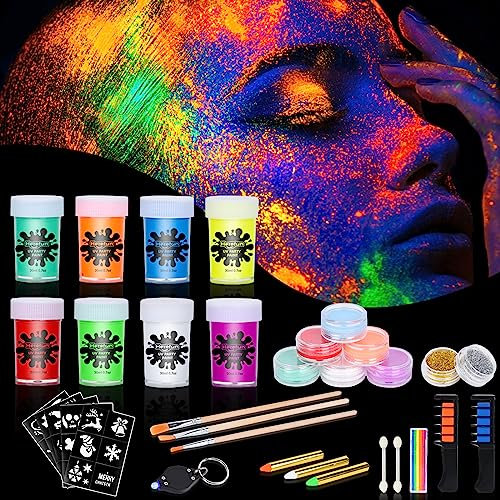 Herefun UV Licht Bodypainting Schminke, 8 Farben Kinderschminke Glitzer Schminke Set, Schwarzlicht Körperfarbe UV Farbe Schminke Fasching Fluoreszierende Farbe Karneval Schminke Glow-Effekt