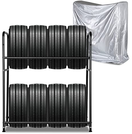 Cecaylie Scaffale Portagomme Supporto per Pneumatici, Auto Pneumatici Scaffali cerchione per 8 Pneumatici, con Struttura in Scciaio a due Strati, per Officina, magazzino, Garage, 107 * 46 * 117 cm