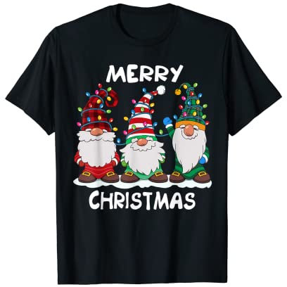 Drei Zwerge Rot Karierter Hut Merry Christmas Tree Lights T-Shirt