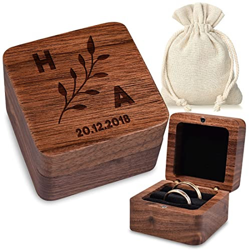 Holz Ring-Box für Ringe mit personalisierter Gravur - Motiv Blätterzweig - schwarzes Ringkissen - Schatulle, Etui - Valentinstag, Jahrestag Schmuck Aufbewahrungsbox Hochzeit für Heiratsantrag