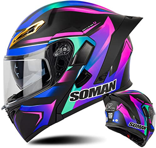 Motorradhelm Motorrad Klapphelm Mit Doppelvisier ECE Zertifizierung Motorrad Modular Integralhelm für Scooter, Flip Up Front Motorradhelm für Frauen MäNner Erwachsene, Blau Lila-M