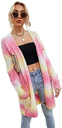 HEYPORK Damen Herbst Winter Warm Bequem Jacke Casual Mode übergangsjacke Mantel Frauen Pullover Regenbogen Mittlere Länge Strickjacke Tasche Gestrickt Jacke(Rot, L)