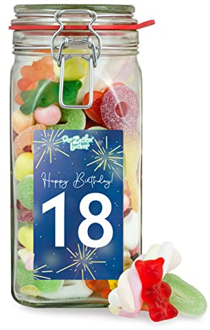 Zum 18. Geburtstag Süßigkeitenglas – bunter Süßigkeiten-Mix im hochwertigen Geschenkglas, tolles Geschenk zum 18ten Geburtstag