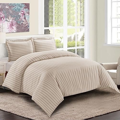 Imperial Rooms King Size Duvet Cover Sets Reversible Stripes Satin Bedding Set with Pillowcases Breathable Microfiber Duvet Covers (Beige 230x220 Cm)