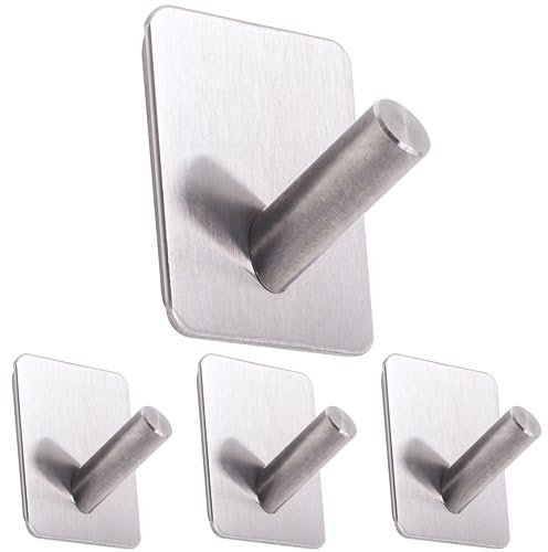 RICOO Ganci Adesivi Bagno e Cucina, Set di 4 Ganci Adesivi, MH021-4, Appendi Accappatoio e Asciugamani Moderni, Appendi accappatoio bagno adesivo, Montaggio a Parete senza Fori, Argento