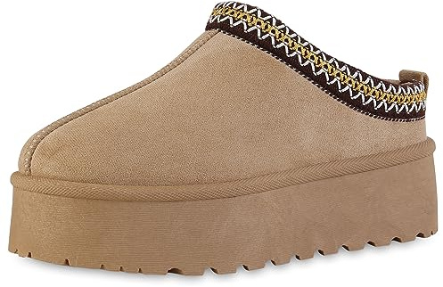 VAN HILL Damen Hausschuhe Pantoffeln Warm Gefüttert mit Plateau Prints Profilsohle