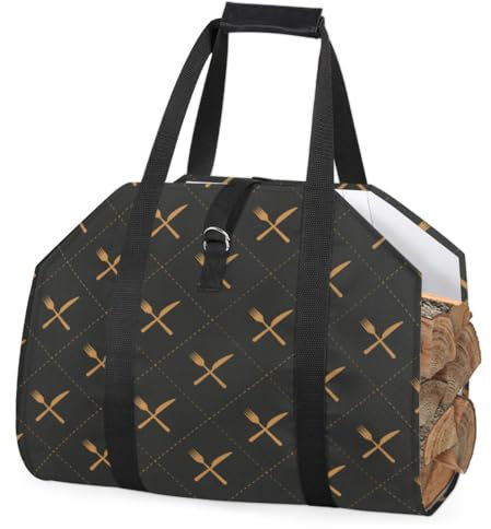 Kreative Messer- und Gabelmuster – gewachstes Segeltuch, Brennholzträger, wasserdicht, große Kapazität, Tragetasche aus Segeltuch mit Tragegriff oben, 2 Packungen