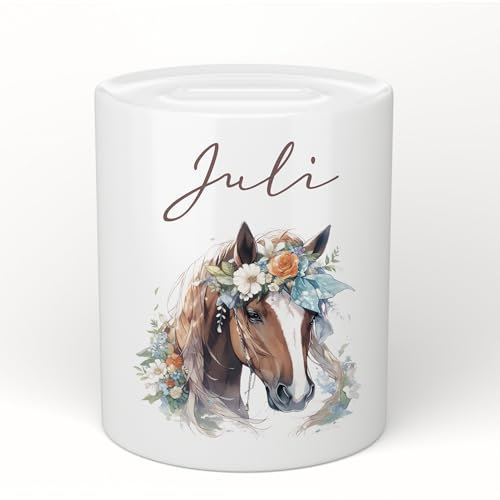 Manufaktur Liebevoll Personalisierte Kinder Spardose Pony Pferd Namen Geburt Taufe Taufgeschenk Baby Geschenk Geburtstagsgeschenk Geldgeschenk Sparschwein Sparbüchse Keramik Mädchen (Pferd Juli)